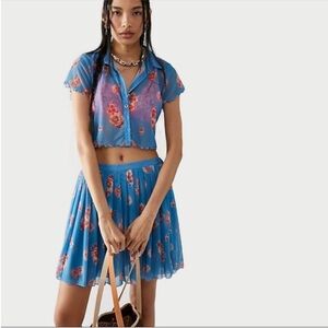 NWOT Free People Florence Mesh Floral Pleated Skirt In Blue Combo Size XL
